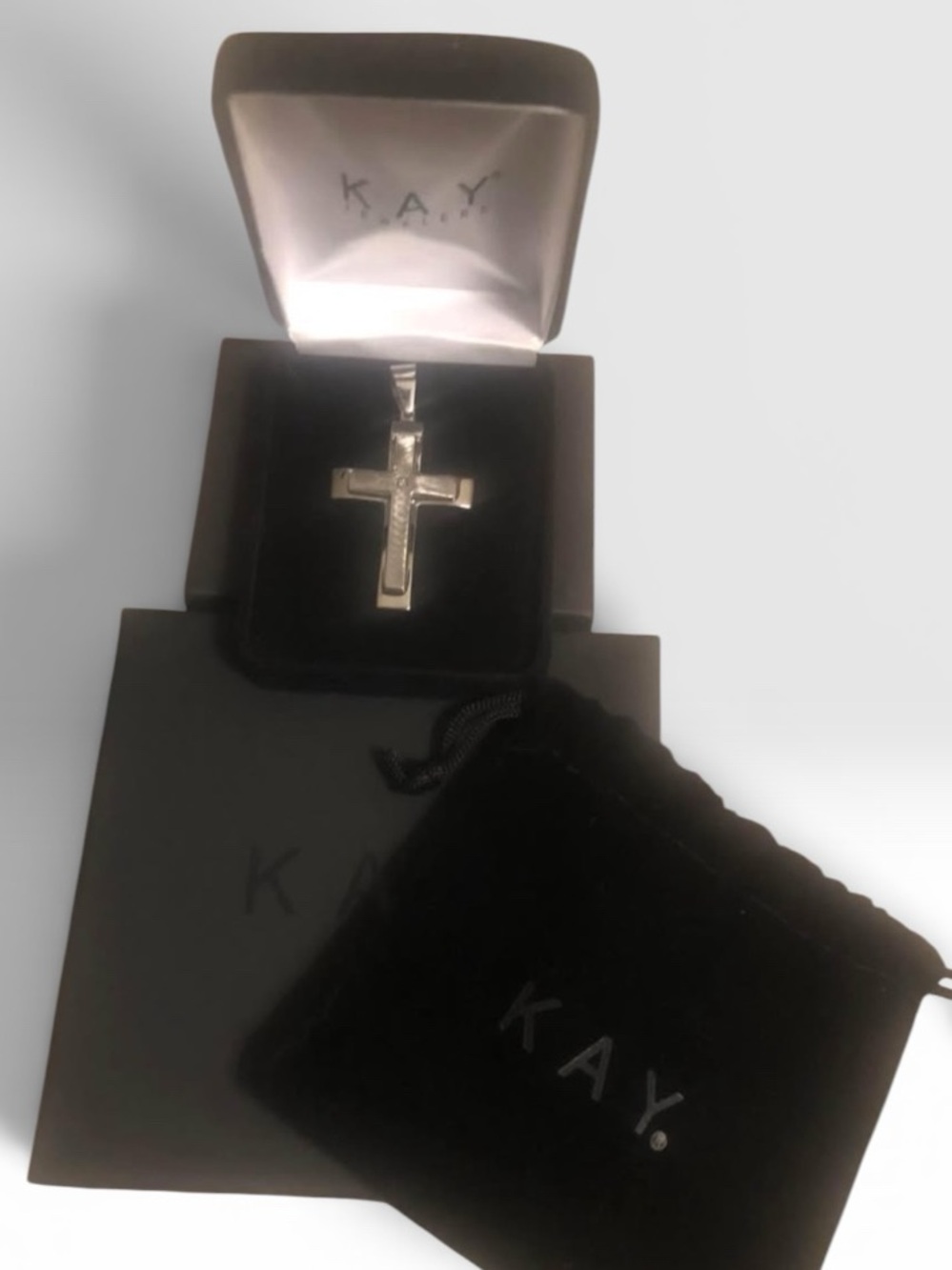 Kay Jewelers Diamond Accent Stainless Steel Etched Cross Pendant BRAND NEW
